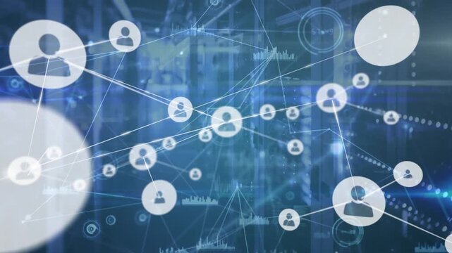 Animation of profile icons connected with lines, lens flare and graph icons over server room