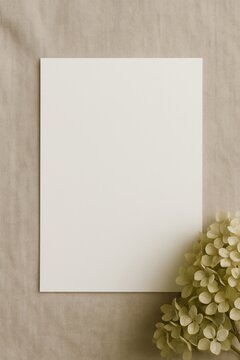 Wei&szlig;e Blankokarte auf hellem Holzhintergrund mit zarter Hortensie als minimalistisches elegantes Papeterie Mockup Generative KI