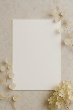 Wei&szlig;e Blankokarte auf beigem Hintergrund mit zarten Trockenblumen und hellen Zweigen als stilvolles minimalistisches Papeterie Mockup Generative KI