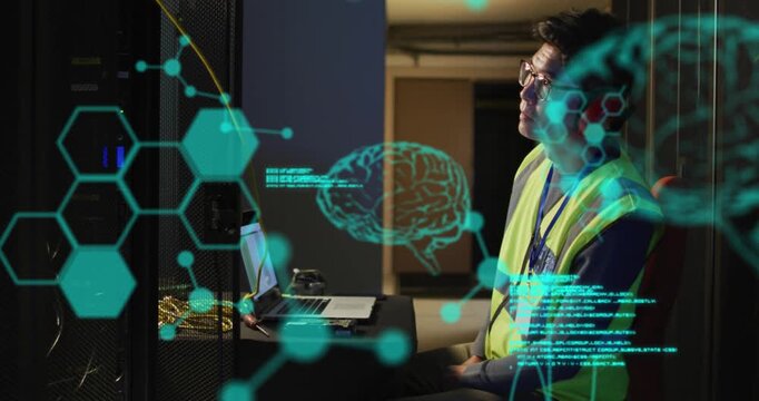 Animation of brains and computer language over asian man working on laptop in server room