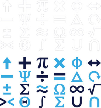 Collection of colorful mathematical symbols and icons for education and science on white.
