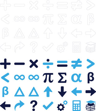 Collection of colorful mathematical symbols and icons for education and science on white.