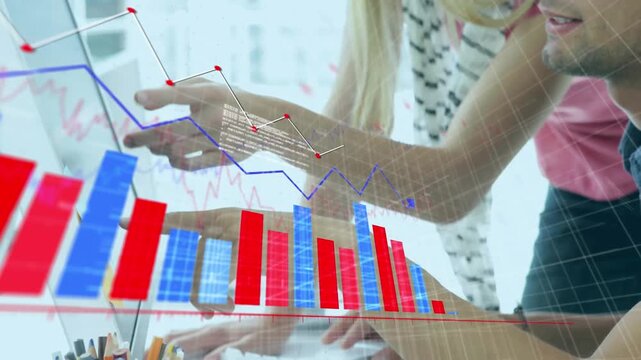 Animation of multiple graphs over caucasian coworkers discussing report on computer in office