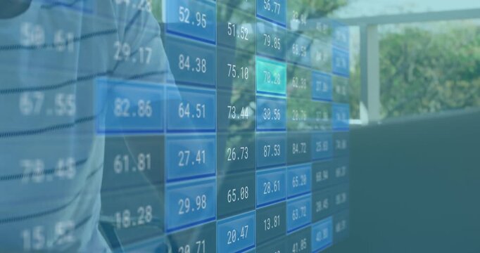 Animation of financial data processing and social media icons over road traffic