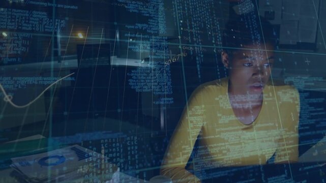 Animation of stock market data processing over african american woman working late at office