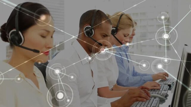 Animation of connected dots over diverse call center agents taking feedback from customers