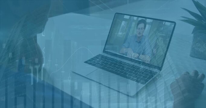 Animation of multiple graphs over diverse coworkers discussing during video call on laptop