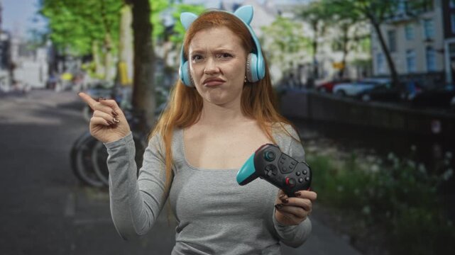 Young redhead woman holds gamepad and shows index finger pointing while wearing cat ear headphones and gray top on street near canal; frustration defiance.