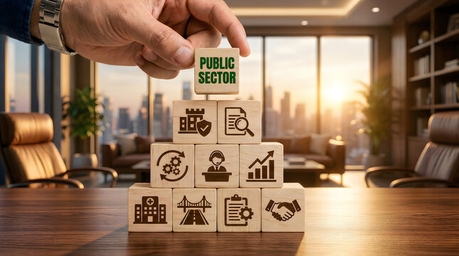 Public sector foundation building with icons on wooden blocks in office government business