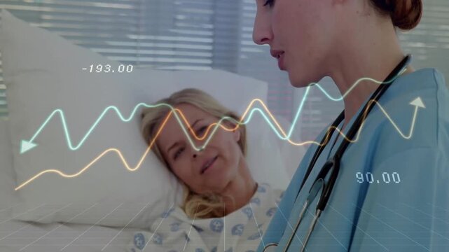 Interacting with patient, healthcare professional in animation with medical data graphs