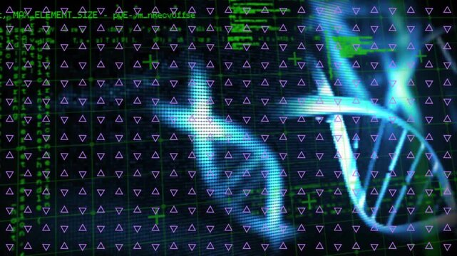 Dark interface launching glowing DNA helix over code grid, rotating clockwise and looping at center