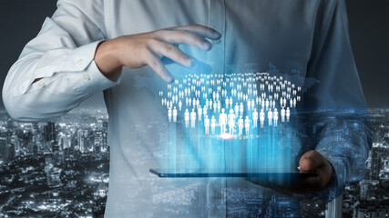 Digital Representation of Diverse People Network Visualized Through Technology with Hands...