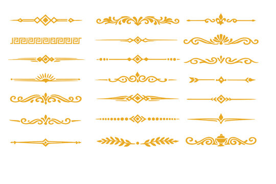 Gold Decorative Ornamental Borders and Dividers Vector Set with Geometric and Classic Design Elements. Vintage Flourishes, Swirls, and Lines for Invitations, Certificates, and Elegant Stationery.