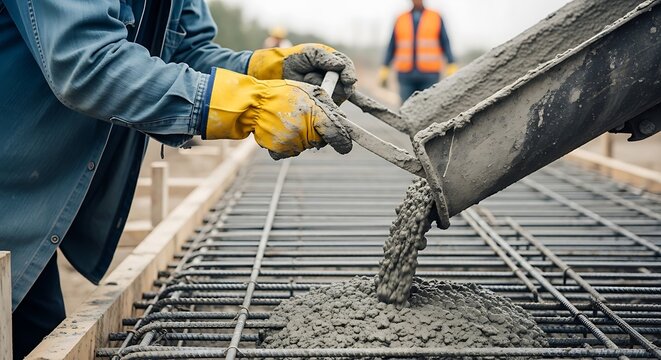 Pouring concrete into rebar framework on a construction site