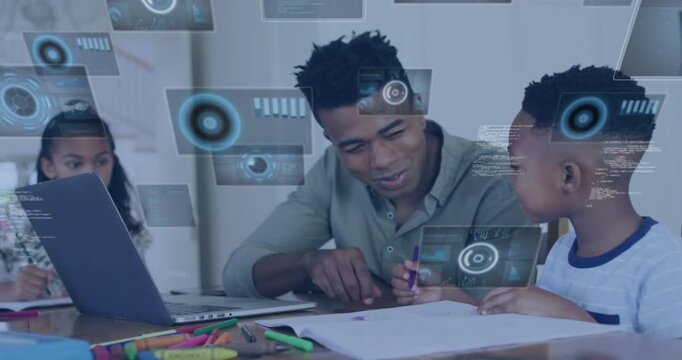 Father leaning pointing guiding son writing with purple marker as blue HUD panels showing progress