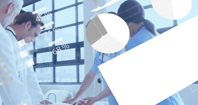 Medical team responding to unconscious patient, assessing with animated charts sliding over bedside