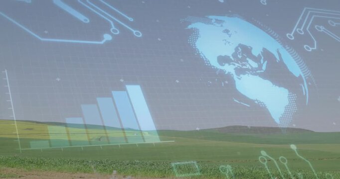 Holographic interface fading into sky, initiating farm monitoring: globe rotating, bar chart rising