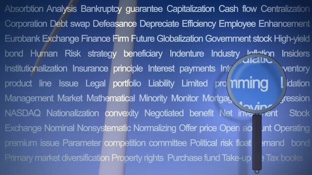 Blue magnifying glass appearing then moving across finance word cloud, enlarging terms for analysis