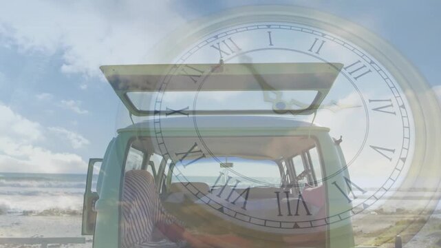 Teal van hatch open on travel beach, clock overlay appearing rotating over cushions indicating time