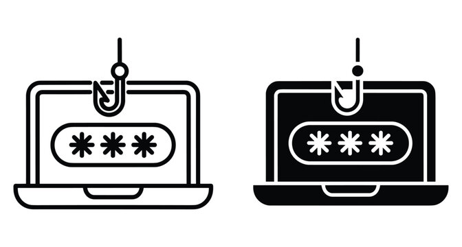 Phishing attack icon set showing laptop computer with fishing hook stealing password login credentials for cyber security and internet fraud