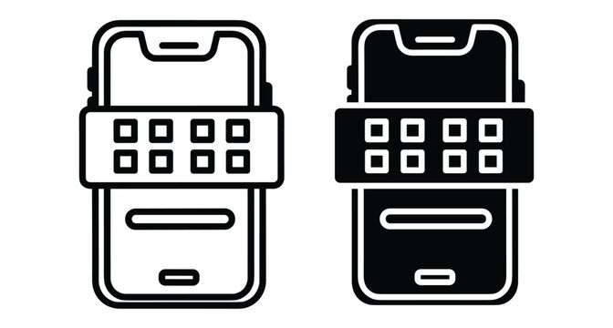 Smartphone app menu interface icons showing mobile device screen with grid of application shortcuts in outline and solid black styles