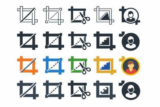 Crop and Trim Icon Set with Multiple Styles Including Outline, Solid, and Colorful Flat Designs for Image Editing, Photo Manipulation, UI Design, and Graphic Software Vector Illustration Collection.