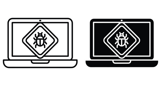 Laptop computer with bug virus warning sign on screen representing malware infection cyber security threat software error and system vulnerability