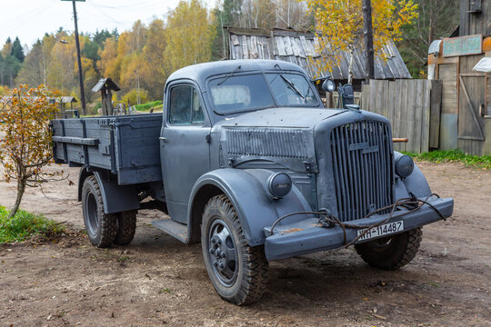 Minsk, Belarus, October 27.2023. OPEL BLITZ 3.6, participated in World War II. Vintage vehicle on the rural background.