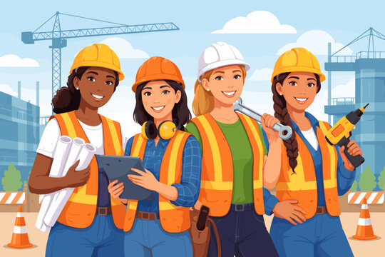 Diverse Group of Female Construction Workers and Engineers Wearing Hard Hats and Safety Vests Holding Tools and Blueprints on a Building Site Flat Vector Illustration for Women in Construction Week