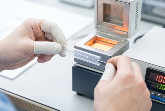 Technician hands wearing finger cots inserting a fiber optic splice sleeve into a heating oven