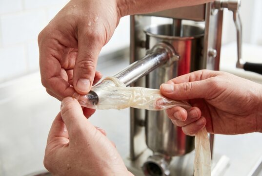 Hands carefully sliding a natural casing onto the metal tube of a sausage stuffer
