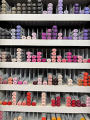 Fototapeta premium Organized colorful markers in storage rack, art supplies background, creative studio color palette