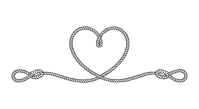 Heart shape rope knot with romantic loops and nautical decorative line art for wedding design element