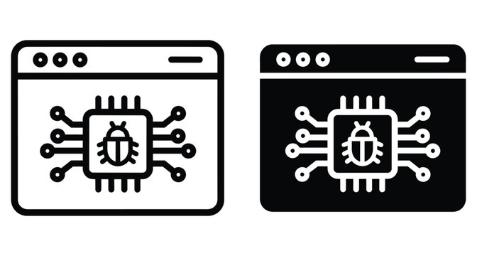 Browser window icon with microchip and bug symbol representing software malware virus debugging computer security web development and system vulnerability