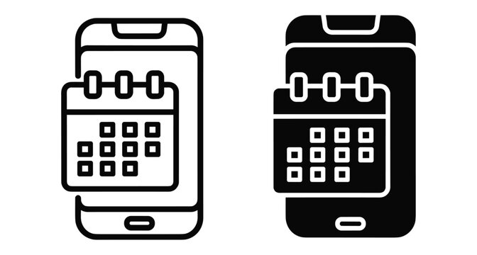 Smartphone with calendar icon for mobile scheduling appointment booking digital organizer app interface design in outline and solid black styles