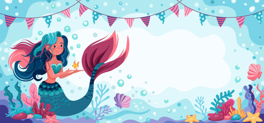 Obraz premium Cute mermaid birthday frame with seashells and ocean pearls. Underwater princess party invitation design with pastel pink background and decorative sea elements.