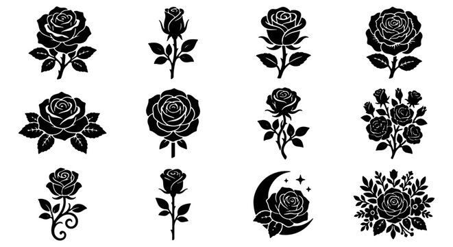 Black rose silhouette vector set, elegant floral icons with stems and leaves, 12 botanical rose flower illustrations for wedding decor and tattoo design