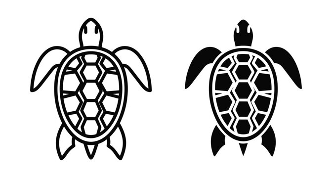 Sea turtle icon set with outline and solid black silhouette designs featuring detailed shell patterns for marine life graphic projects