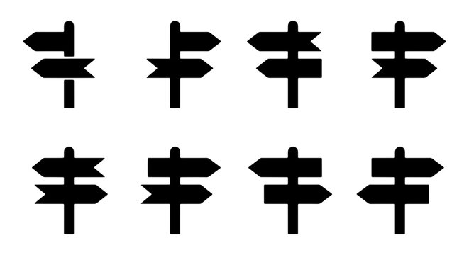 Directional signpost silhouette icons, black road sign symbols set, 8 navigation pointer vector elements for maps and wayfinding