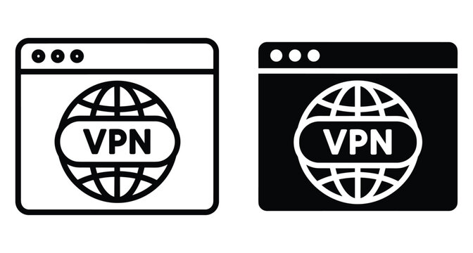 VPN browser icon set showing virtual private network connection with globe symbol for secure internet browsing and data privacy protection