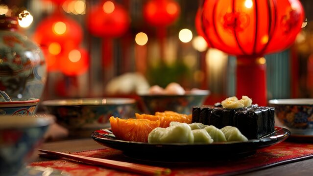 A variety of traditional Chinese New Year desserts and snacks served on a festive table decorated with red lanterns and warm glowing bokeh light background.