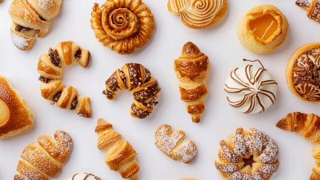 assorted butter cookies on white background, top-down flatlay featuring artisanal biscuits, swirls, jam centers, sugar-dusted rounds, crispy sticks