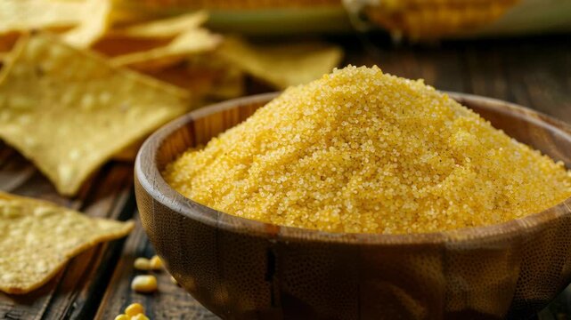 golden cornmeal in wooden bowl surrounded by corn cobs, tortilla chips and scattered kernels on weathered wooden table; warm natural light highlights coarse