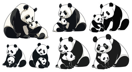 Cute Panda Family Hugging, Mother and Baby Bears, Adorable Wildlife Illustration © jambu