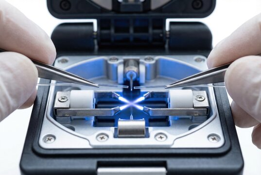 Technician using tweezers to align optical fibers inside a fusion splicer machine