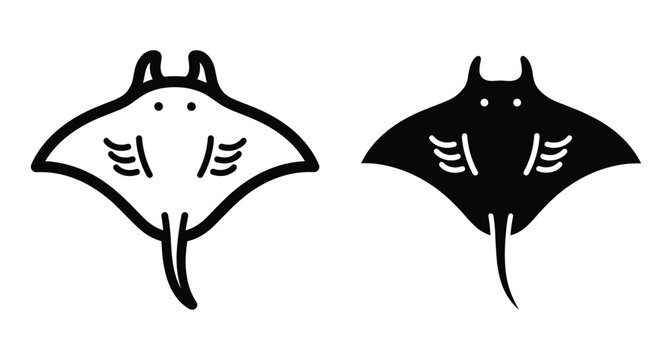 Manta ray stingray sea creature ocean animal icon set in outline and solid black silhouette style for marine life design