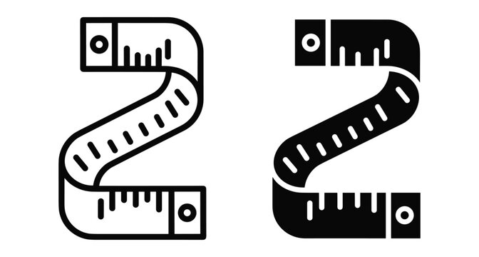 measuring tape icon set for tailoring sewing fitness and construction projects featuring outline and solid black vector graphic design elements