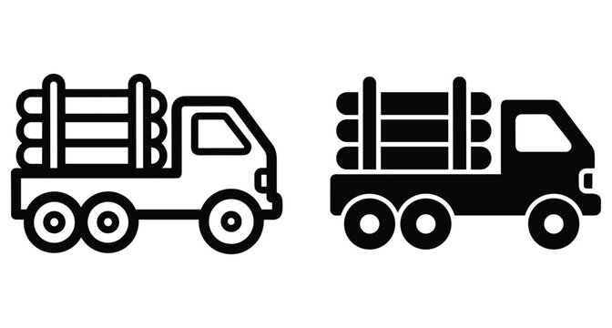 Logging truck icon set featuring timber transport vehicle in outline and solid black styles for forestry and industrial logistics applications
