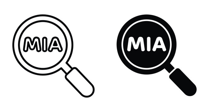 Magnifying glass icon set with MIA text for missing in action search investigation detective finding lost person symbol graphic element