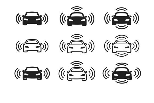 Autonomous Self-Driving Car Icon Set with Sensor Waves. Smart Vehicle Technology Symbols in Solid and Outline Styles for Driverless Transport, ADAS, Radar, Lidar, and Collision Avoidance Systems.